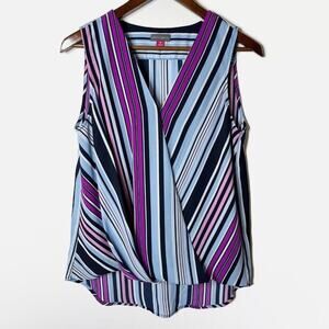 Vince Camuto Women Blouse XS Tank Top Sleeveless Wrap Front Striped Blue Purple